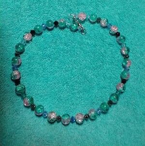 Handmade cracked glass wire necklace blue black pink aqua beaded beads